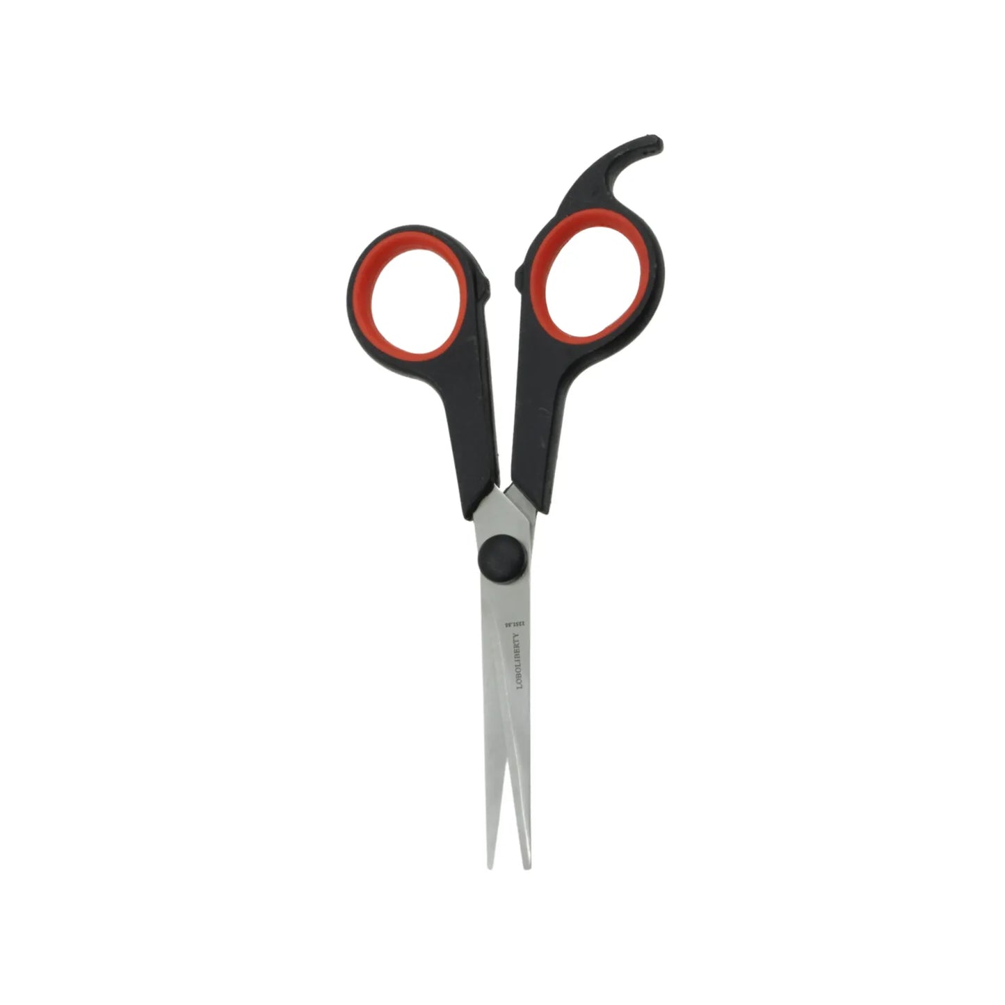 Tijeras de peluquería Loboliberty con mango ergonómico negro y rojo para corte de precisión de acero inoxidable.