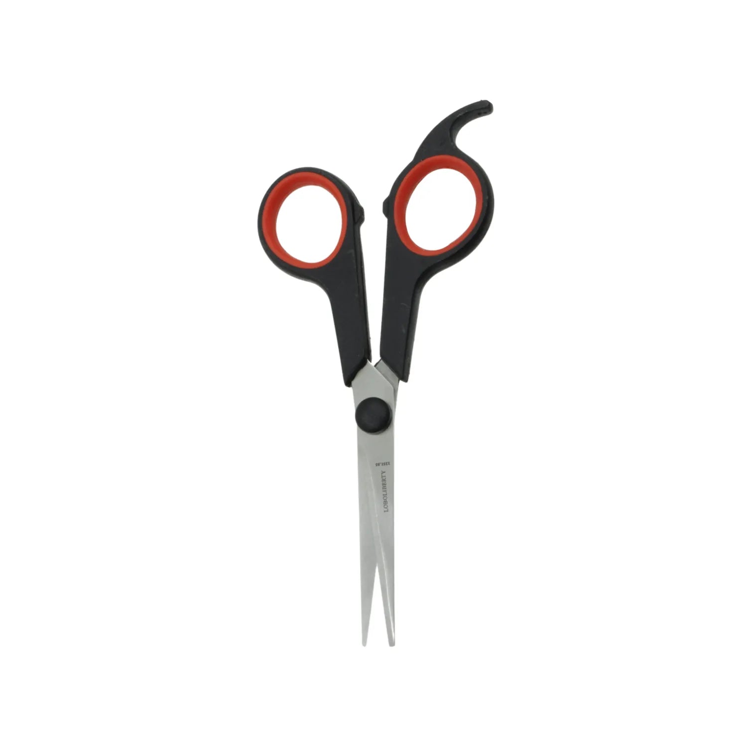 Tijeras de peluquería Loboliberty con mango ergonómico negro y rojo para corte de precisión de acero inoxidable.