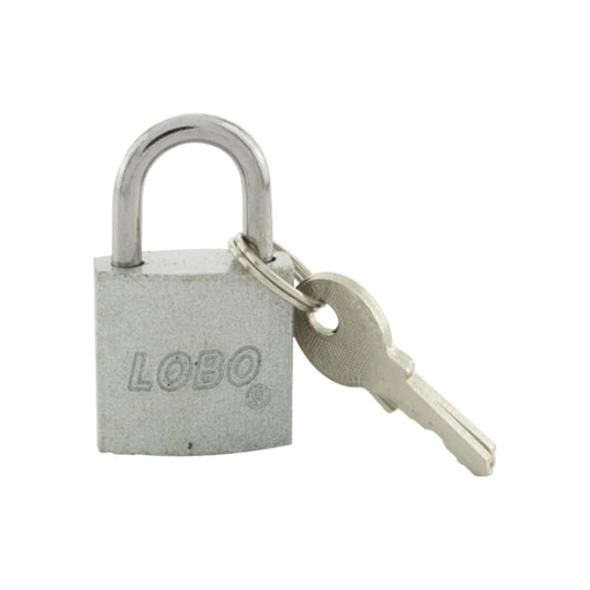 Candado de seguridad marca Lobo 25mm, gancho corto, color plata, con llave