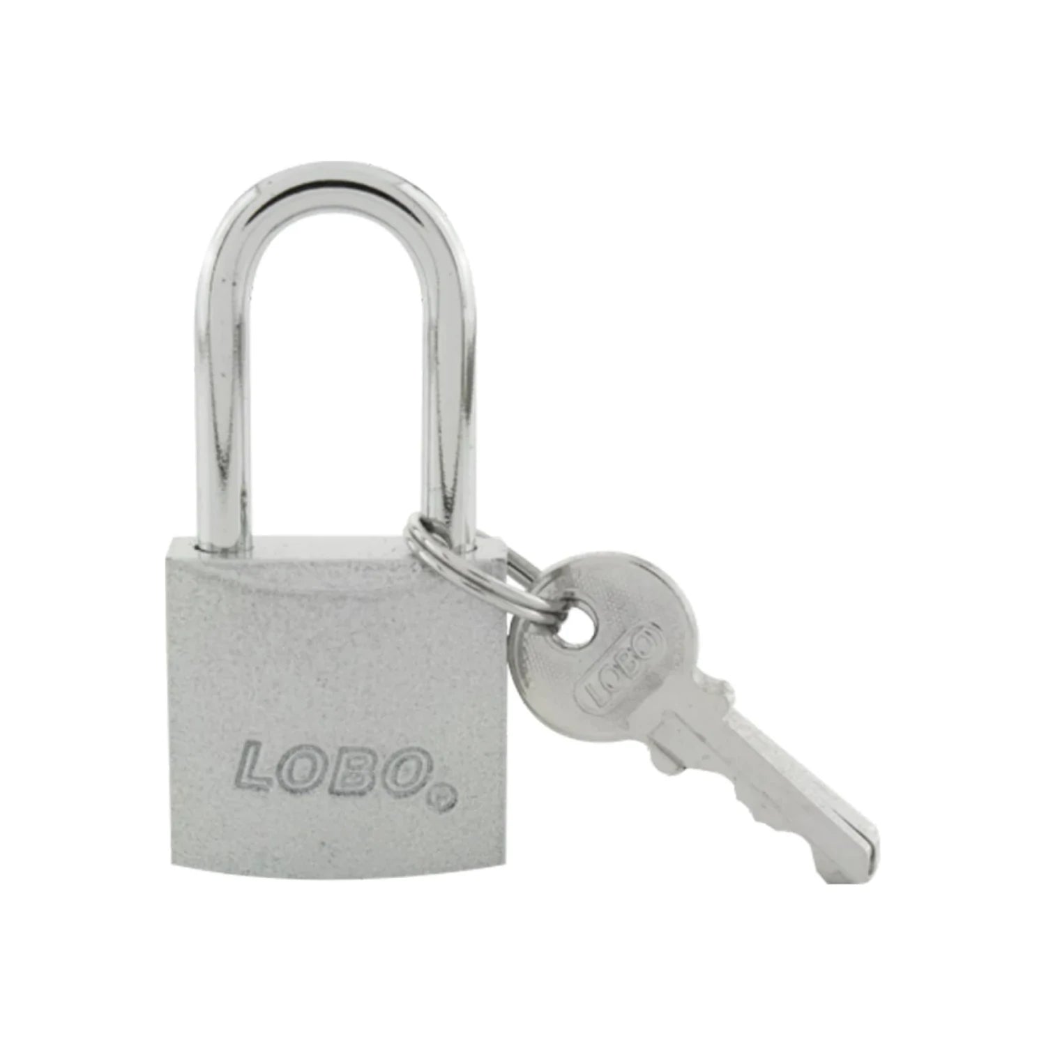 Candado de seguridad LOBO de metal plateado con llave, perfecto para asegurar puertas y casilleros.