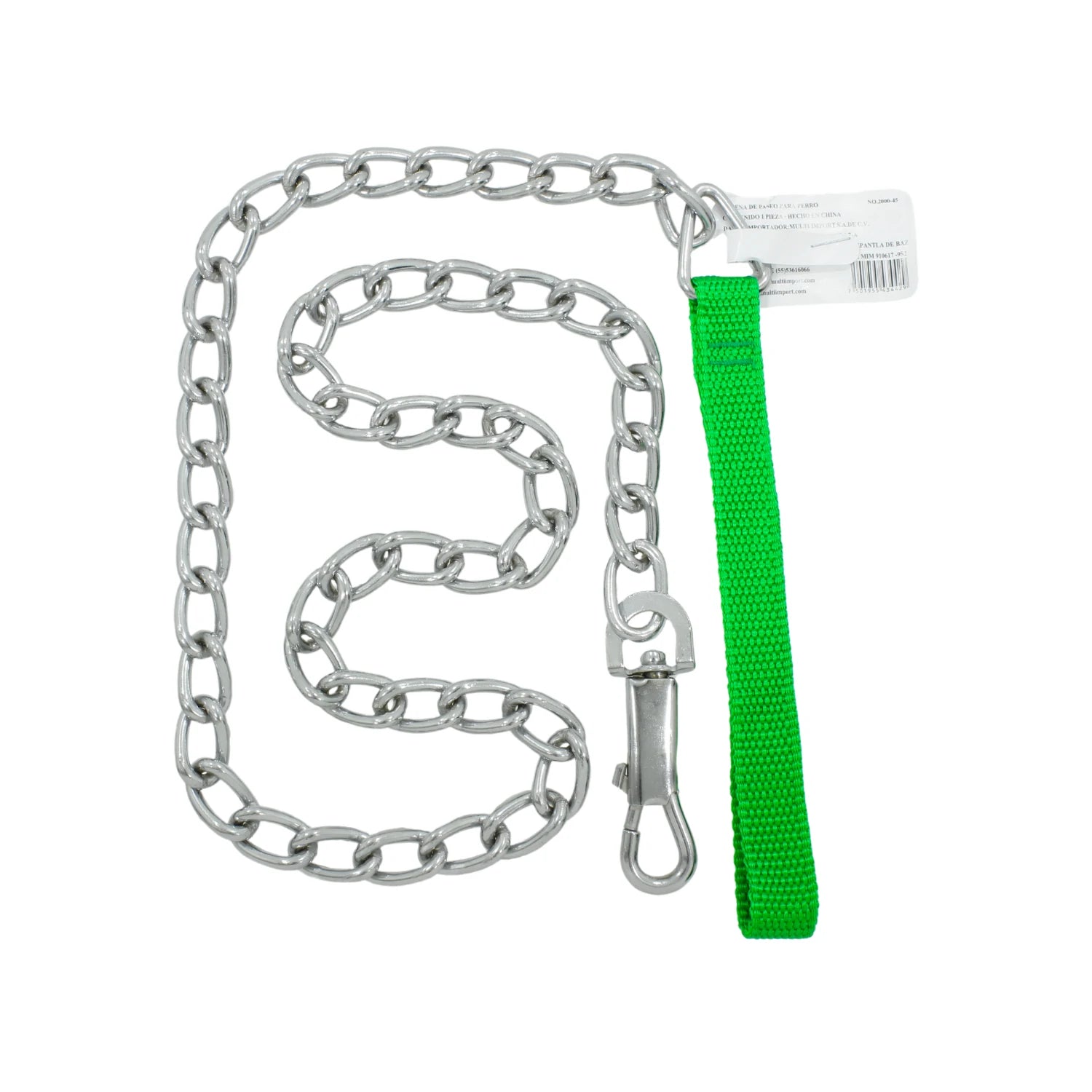 Cadena metálica para perro con mango verde y gancho mosquetón para paseo seguro