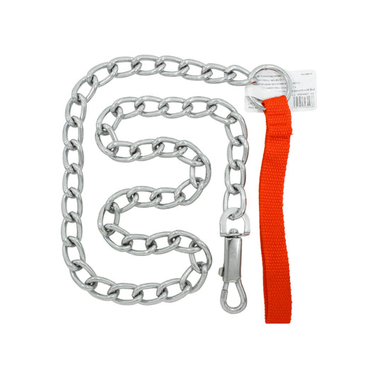 Cadena metálica para perro de 5mm con gancho de presión y mango de tela naranja, ideal para pasear.