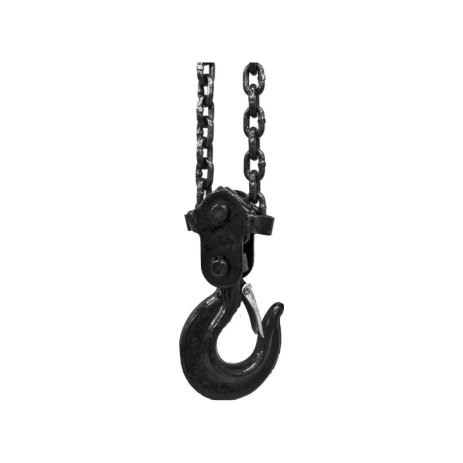 Gancho de carga negro con cadena robusta para polipasto o garrucha, con pestillo de seguridad para elevación industrial.