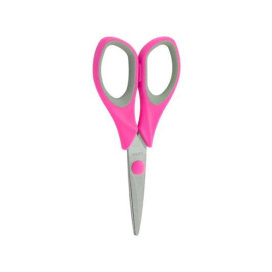 Tijera de oficina con mango suave ergonómico rosa y gris para cortar papel y manualidades