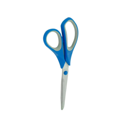 Tijera para oficina de 8.5 pulgadas con mango suave azul y gris, ideal para corte preciso.