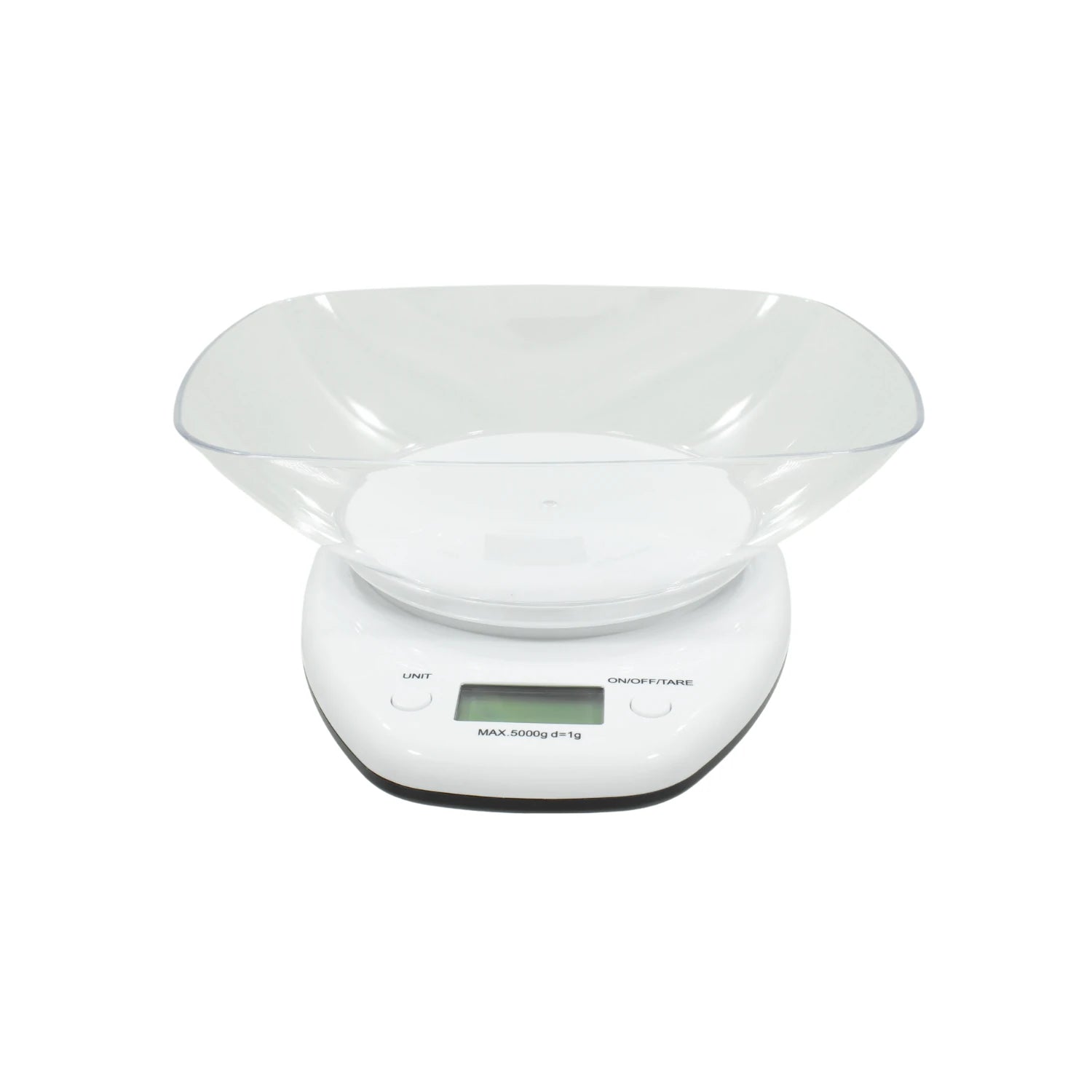 Báscula de cocina digital blanca con cuenco transparente, capacidad 5kg y precisión 1g, para medir alimentos.