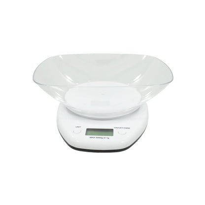 Báscula de cocina digital blanca con cuenco transparente, capacidad 5kg y precisión 1g, para medir alimentos.