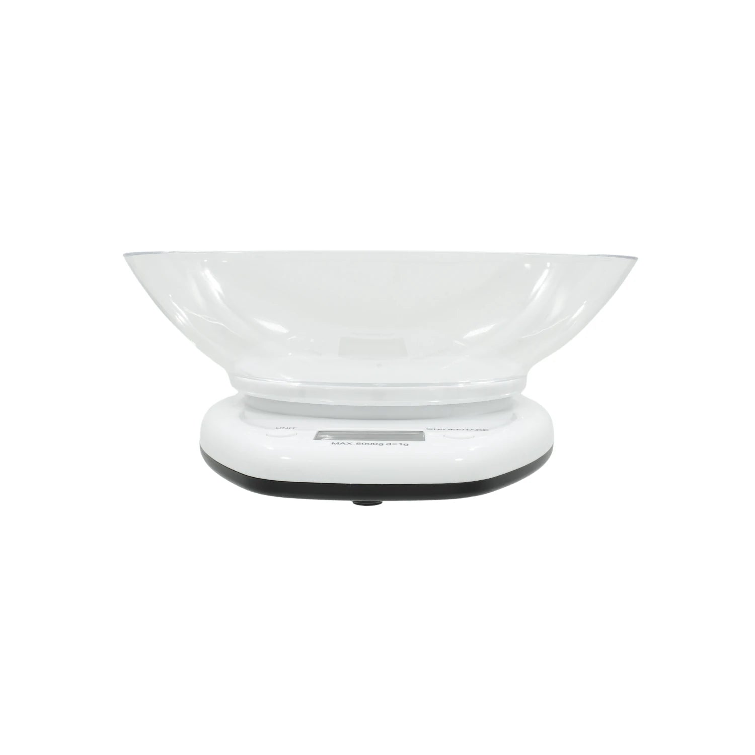 Báscula de cocina digital blanca con tazón transparente para pesar alimentos hasta 5kg, precisión de 1g