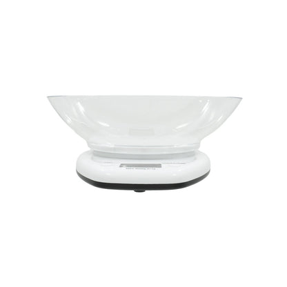 Báscula de cocina digital blanca con tazón transparente para pesar alimentos hasta 5kg, precisión de 1g
