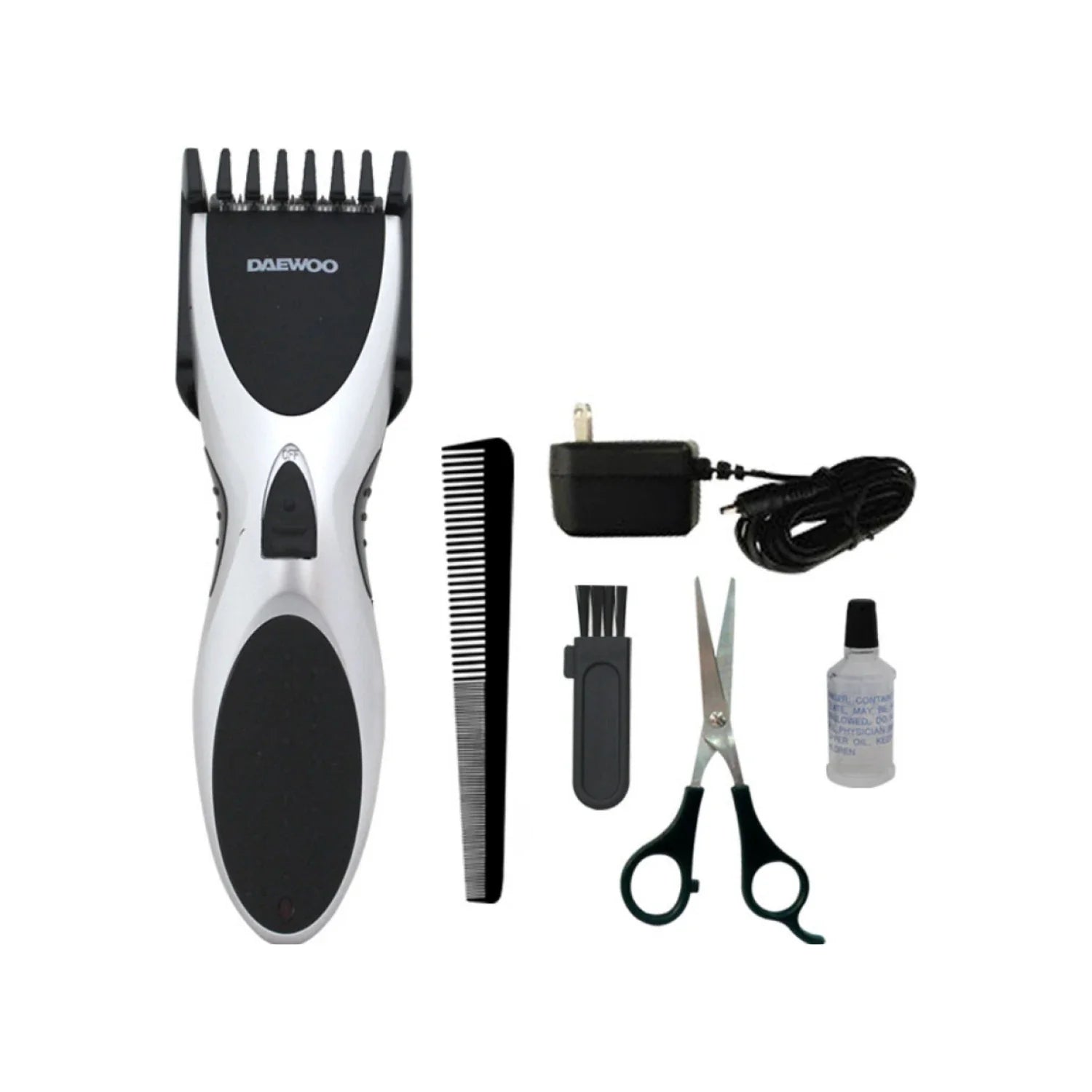 Cortadora de cabello inalámbrica.,Cuchillas de precisión hecha de acero inoxidable, recubiertas de titanio, extraibles para fácil limpieza.,Interruptor de encendido/apagado.,Incluye:,Un Cortadora,Un peine con clip.,Un peine.,Unas tijeras.,Un cable de carga.,Cepillo limpiador y lubricante.,120 V – 60Hz- 3 W,Consumo de energía: 0.00115 kWh.,Funcionamiento continuo 50 minutos.