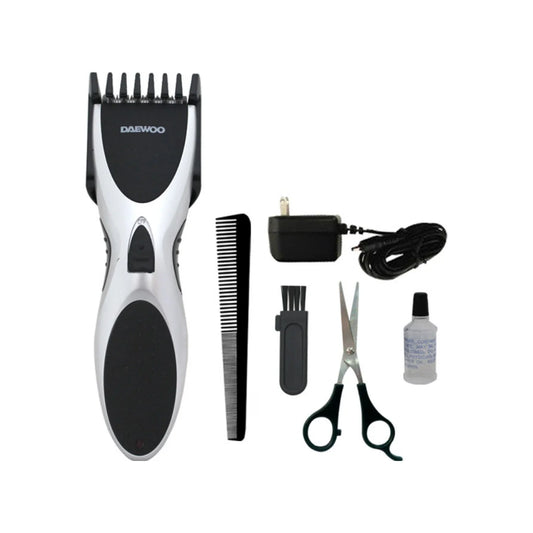 Cortadora de cabello inalámbrica.,Cuchillas de precisión hecha de acero inoxidable, recubiertas de titanio, extraibles para fácil limpieza.,Interruptor de encendido/apagado.,Incluye:,Un Cortadora,Un peine con clip.,Un peine.,Unas tijeras.,Un cable de carga.,Cepillo limpiador y lubricante.,120 V – 60Hz- 3 W,Consumo de energía: 0.00115 kWh.,Funcionamiento continuo 50 minutos.