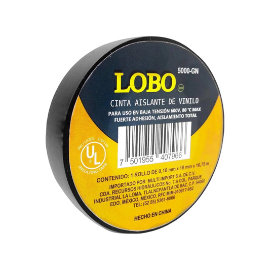 Cinta aislante negra LOBO 5000-GN de vinilo UL, 600V, 16.75m, fuerte adhesión para conexiones eléctricas.