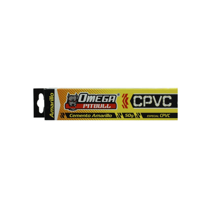 Pegamento adhesivo amarillo OMEGA PITBULL para uniones de CPVC, cemento especial de 50g para tuberías.