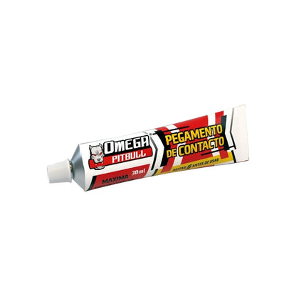 Pegamento de contacto Omega Pitbull 30ml en tubo blanco, adhesivo fuerte multiusos para reparaciones.