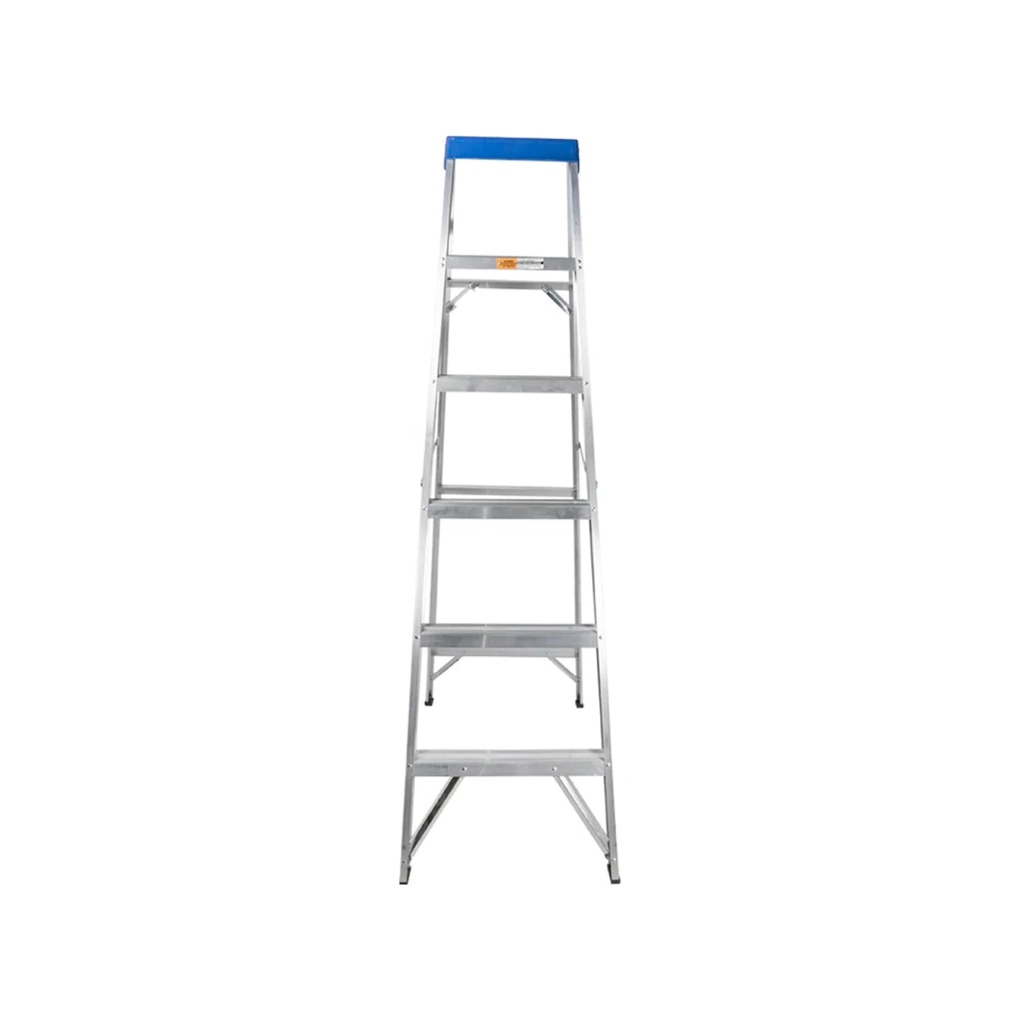 Escalera de tijera de aluminio con 5 peldaños y plataforma azul, altura de 1.52 metros.