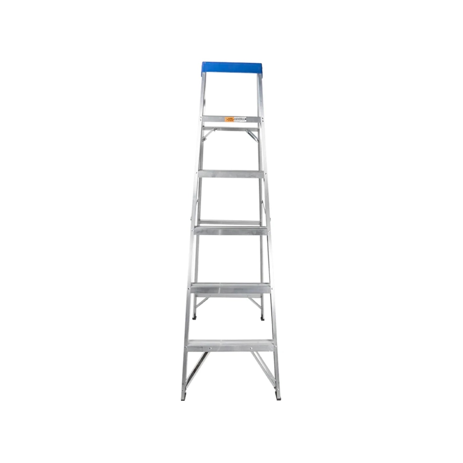 Escalera de tijera de aluminio con 5 peldaños y plataforma azul, altura de 1.52 metros.