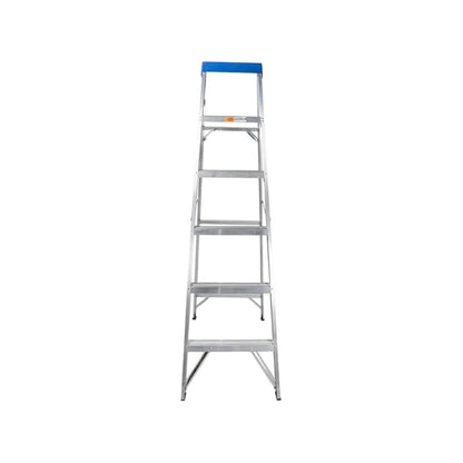 Escalera de tijera de aluminio con 5 peldaños y plataforma azul, altura de 1.52 metros.