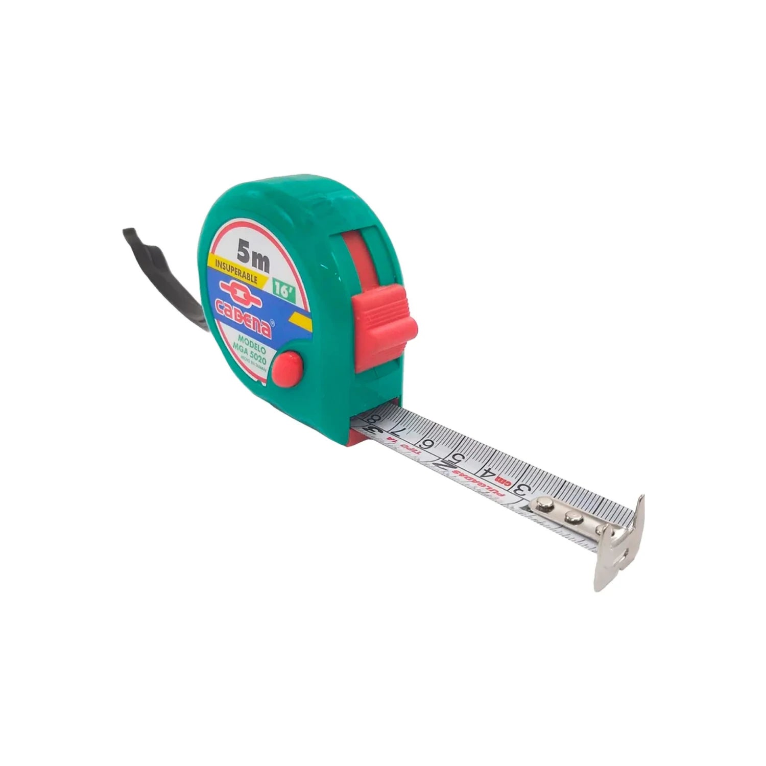 Flexómetro Cadena MGA 5020 verde 5 metros / 16 pies, cinta métrica metálica para medición de precisión.