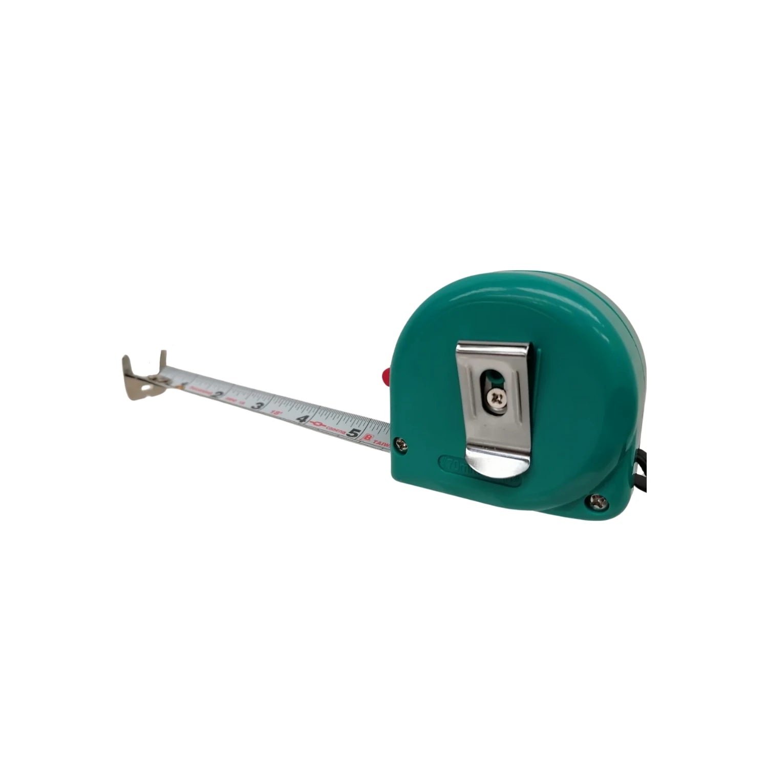 Flexómetro verde con cinta métrica de metal extensible, clip para cinturón y botón de bloqueo para mediciones exactas