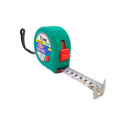 Flexómetro Cadena verde 7.5m 25ft con cinta métrica de acero, gancho y botón rojo para ferretería