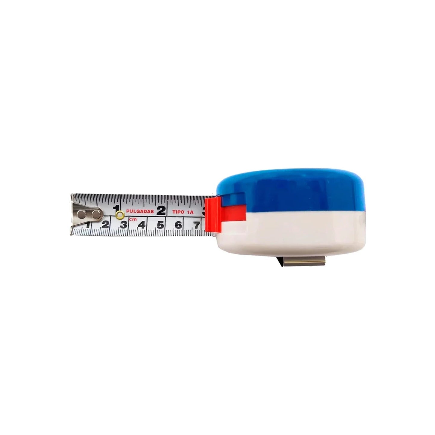 Flexómetro Tipo 1A compacto azul y blanco, cinta de acero con escalas en cm y pulgadas, herramienta de medición.