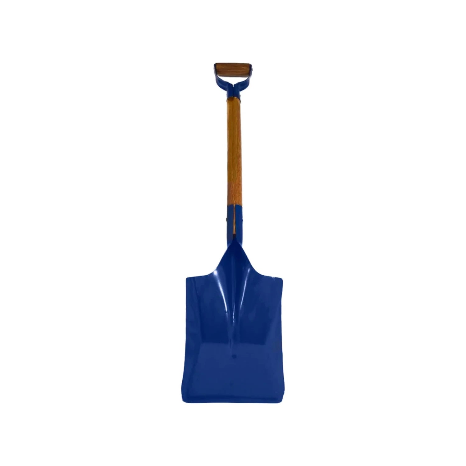 Pala cuadrada azul, puño de madera tipo D, hoja metálica resistente para jardín y construcción.