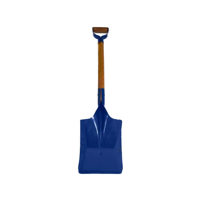 Pala cuadrada azul, puño de madera tipo D, hoja metálica resistente para jardín y construcción.