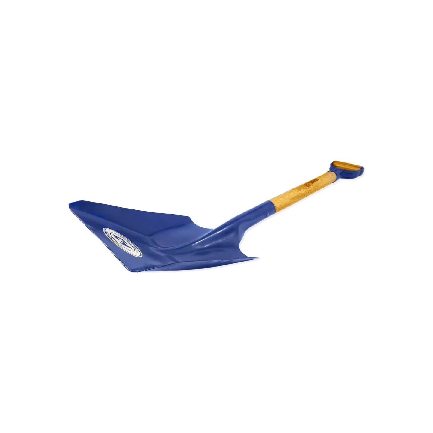 Pala cuadrada de acero azul con puño de madera para jardinería y construcción