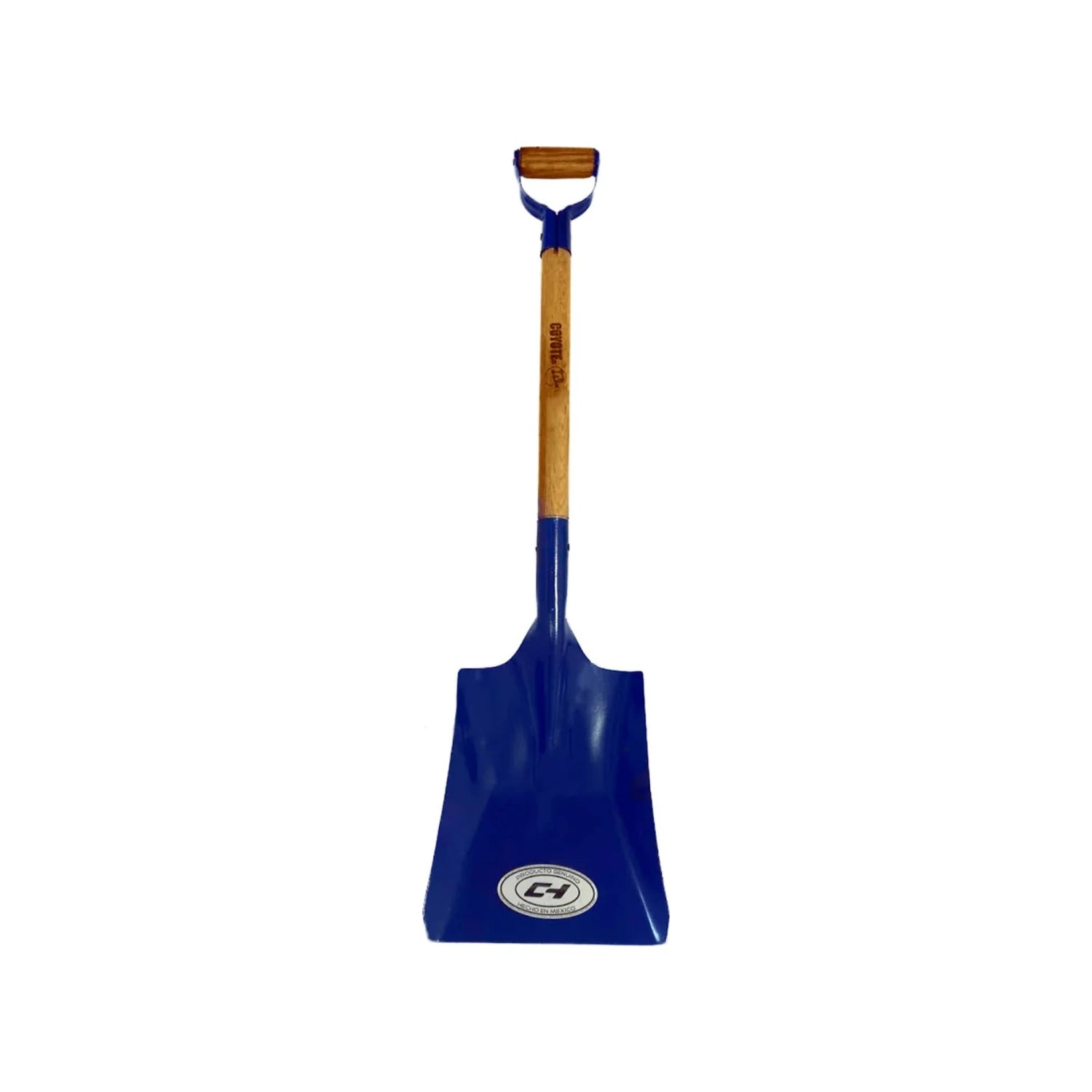 Pala cuadrada de acero azul con puño de madera tipo D marca CH, ideal para construcción y jardinería.
