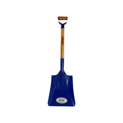 Pala cuadrada de acero azul con puño de madera tipo D marca CH, ideal para construcción y jardinería.