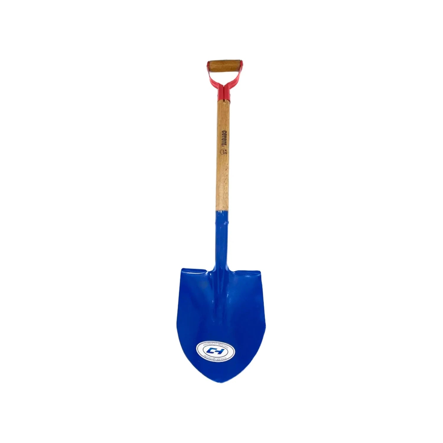 Pala de punta COYOTE con mango de madera, puño rojo tipo D, hoja azul CH para excavación y jardinería