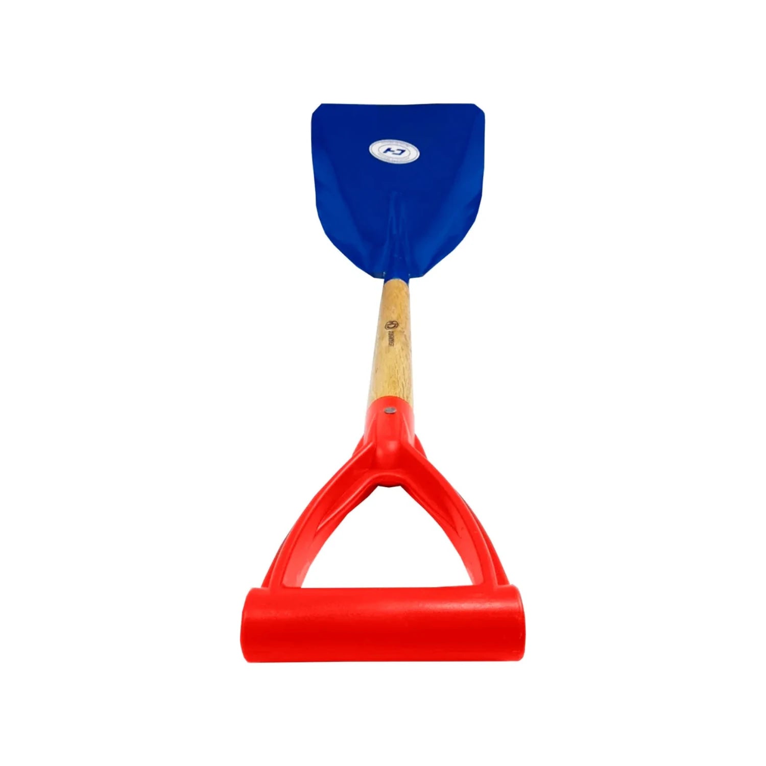 Pala carbonera azul con mango de madera y puño D de plástico rojo resistente