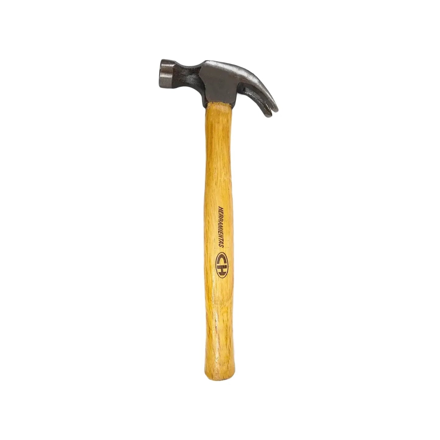 Martillo de uña con mango de madera barnizada y cabeza de acero marca Herramientas CH para carpintería.