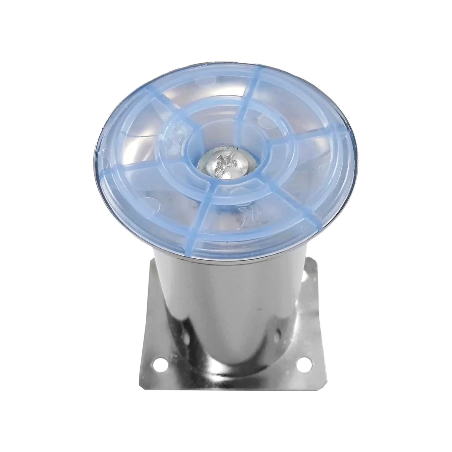 Nivelador de pata para mueble cromado con base cuadrada y capuchón protector azul. Tornillo ajustable para sofá.