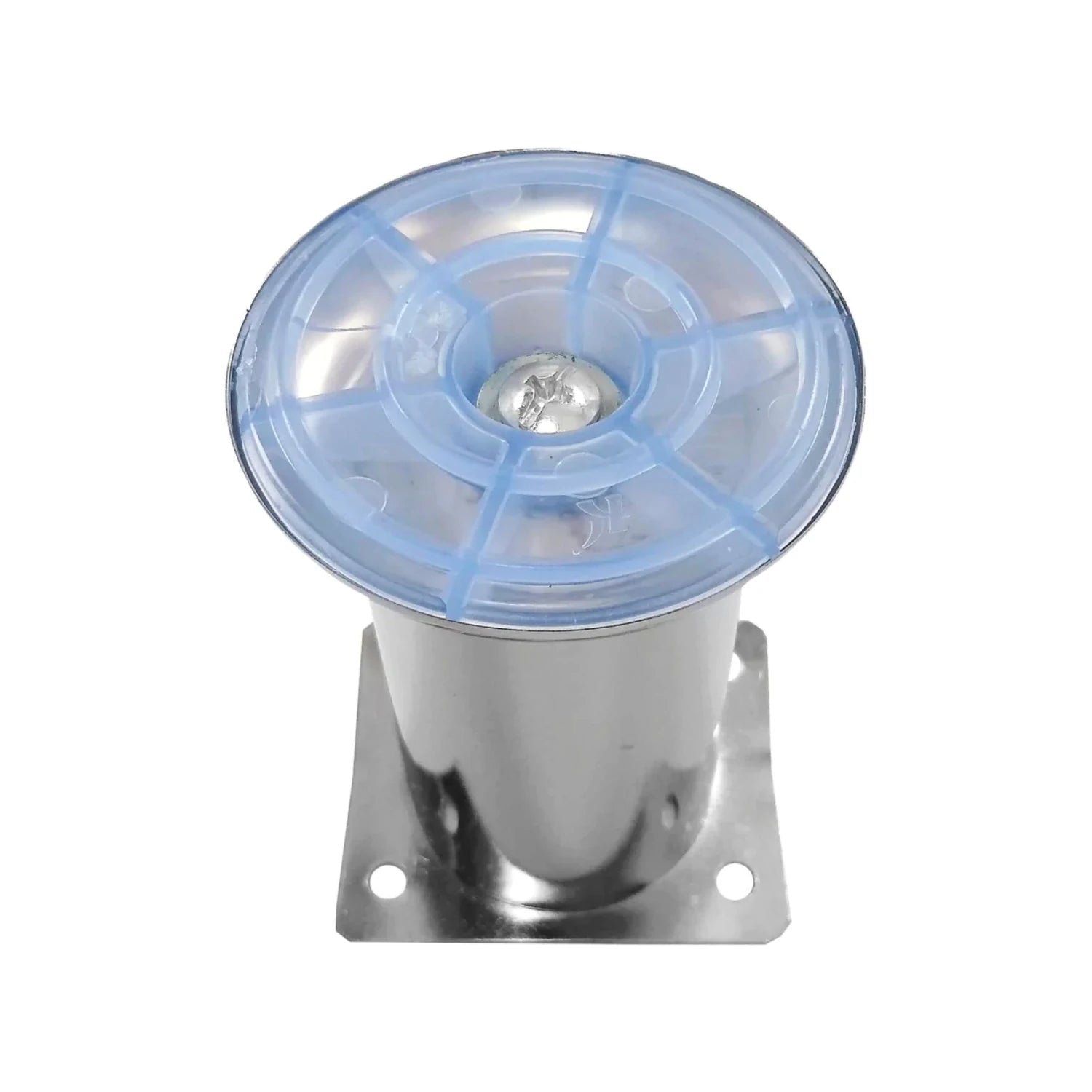 Nivelador de pata para mueble cromado con base cuadrada y capuchón protector azul. Tornillo ajustable para sofá.
