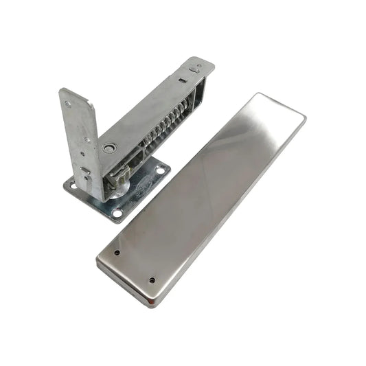 Componentes en acero endurecido y tratado contra la corrosión.,Para instalar en puertas de 32 mm a 44 mm,Peso: 30 kg,Único con sistema de tensión y posición graduable.,Placa para canto posterior y 2 placas laterales para cubrir la bisagra.,Acabado:  Niquelado.,Incluye tornillos de sujeción.
