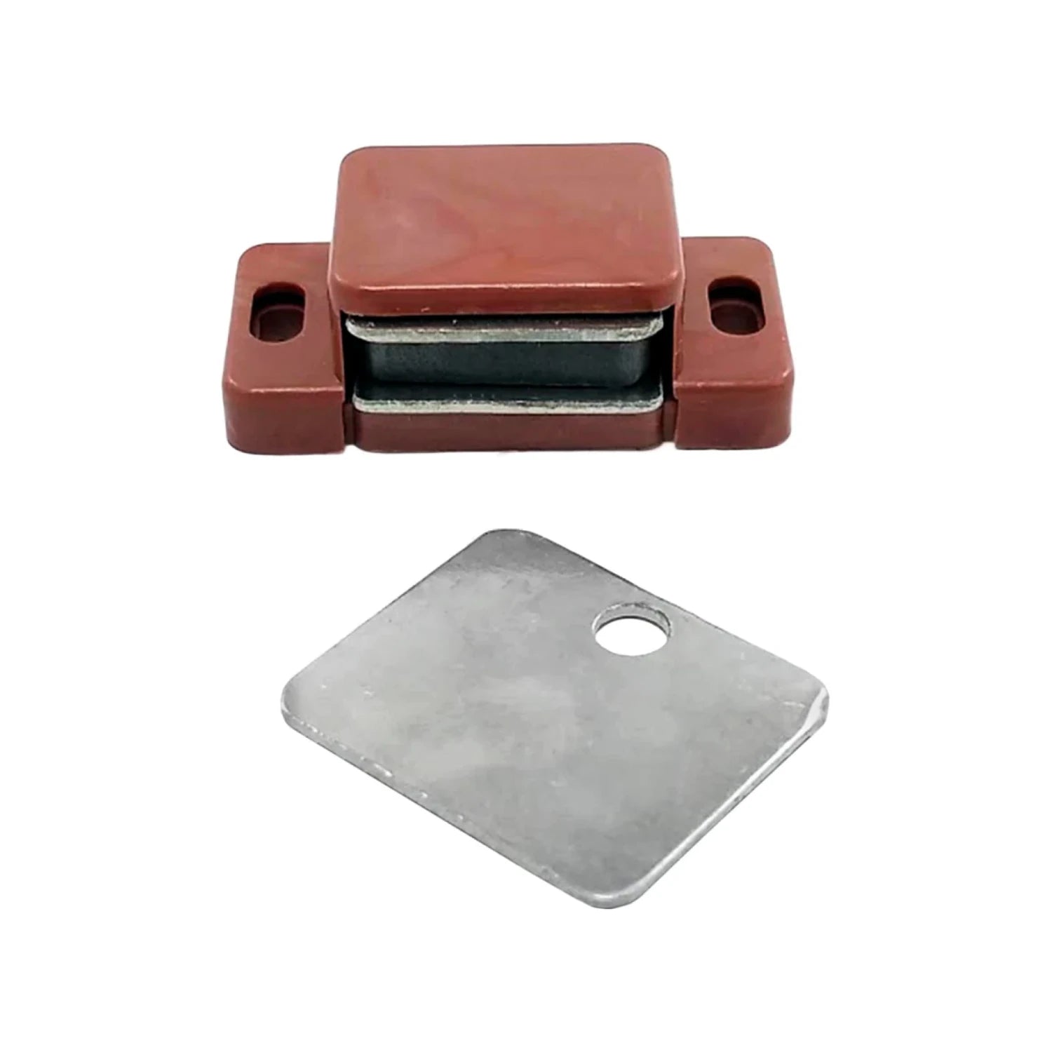 Resbalón imán magnético para puerta de mueble, color café, con placa metálica de cierre