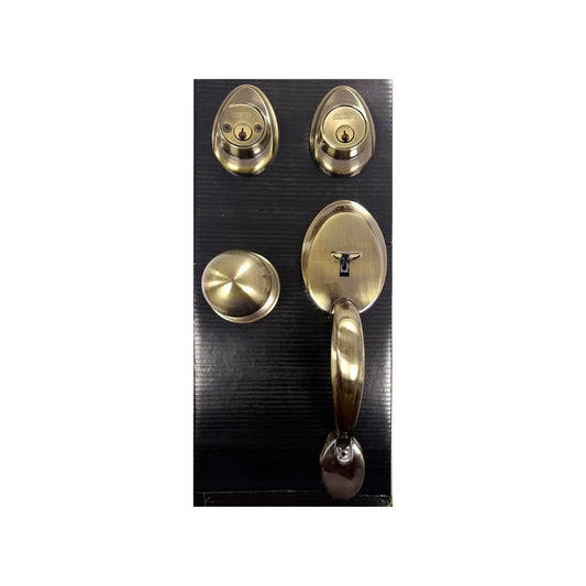 Chapa para puerta principal.,Mecanismo interior y exterior de llave estándar.,Modelo Dalton acabado latón antiguo.,Backset ajustable de 2-3/8 a 2 3/4"