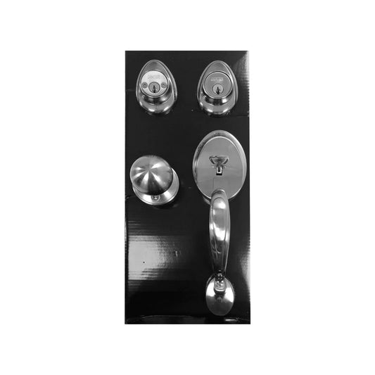 Chapa para puerta principal.,Mecanismo interior y exterior de llave estándar.,Modelo Dalton acabado níquel.,Backset ajustable de 2 3/8" a 2 3/4"