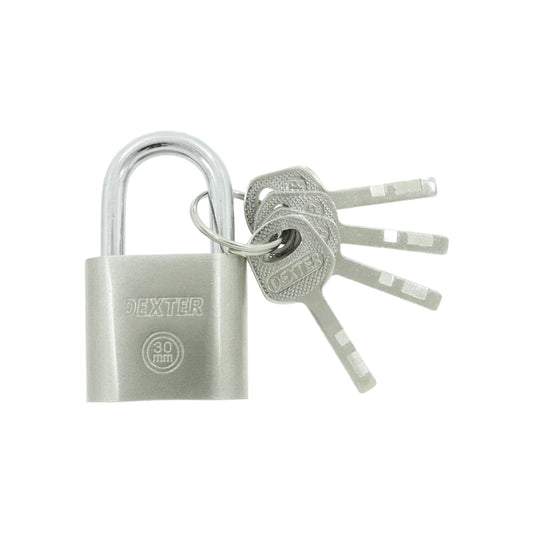Candado de seguridad Dexter plateado 30mm con gancho corto y tres llaves para protección