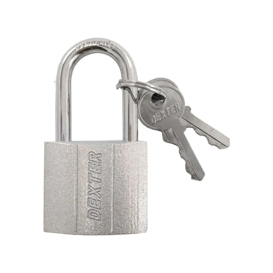 Candado de seguridad Dexter plateado con cuerpo de metal texturizado y 2 llaves