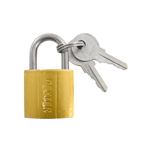 Candado Dexter 25 mm dorado con gancho corto y dos llaves plateadas