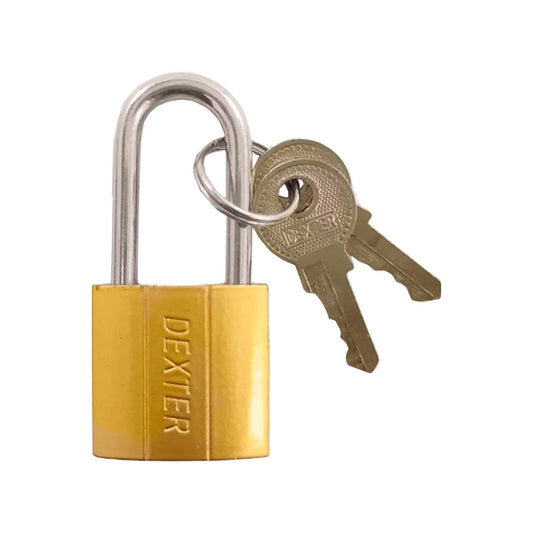 Candado Dexter de latón dorado con dos llaves. Ideal para seguridad en puertas, maletas o taquillas.