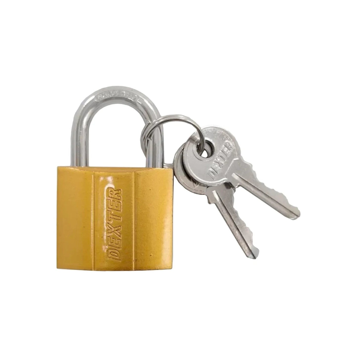 Candado Dexter de latón dorado 30mm con gancho corto y dos llaves metálicas para seguridad.