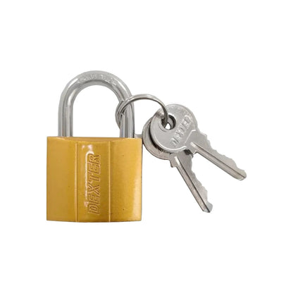 Candado Dexter de latón dorado 30mm con gancho corto y dos llaves metálicas para seguridad.