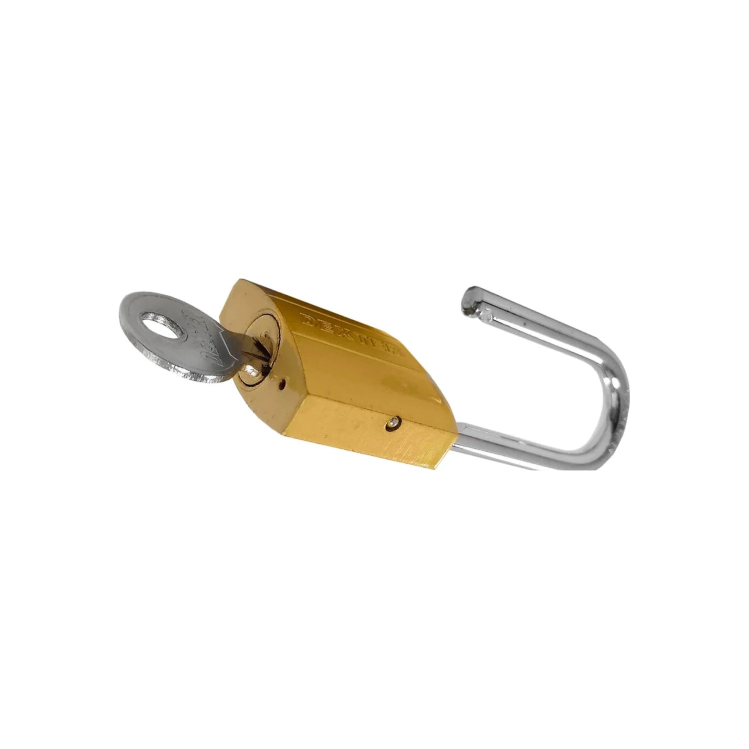 Candado Dexter dorado de 30mm abierto con llave insertada y gancho largo