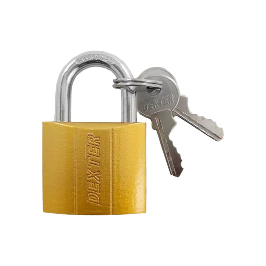 Candado de seguridad Dexter dorado, cuerpo metálico con gancho corto y llaves plateadas