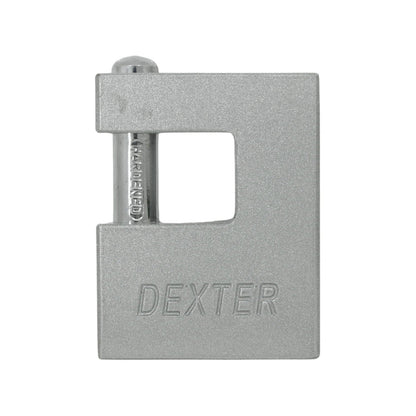 Candado Dexter de seguridad monoblock plateado para cortina, perno endurecido alta resistencia.