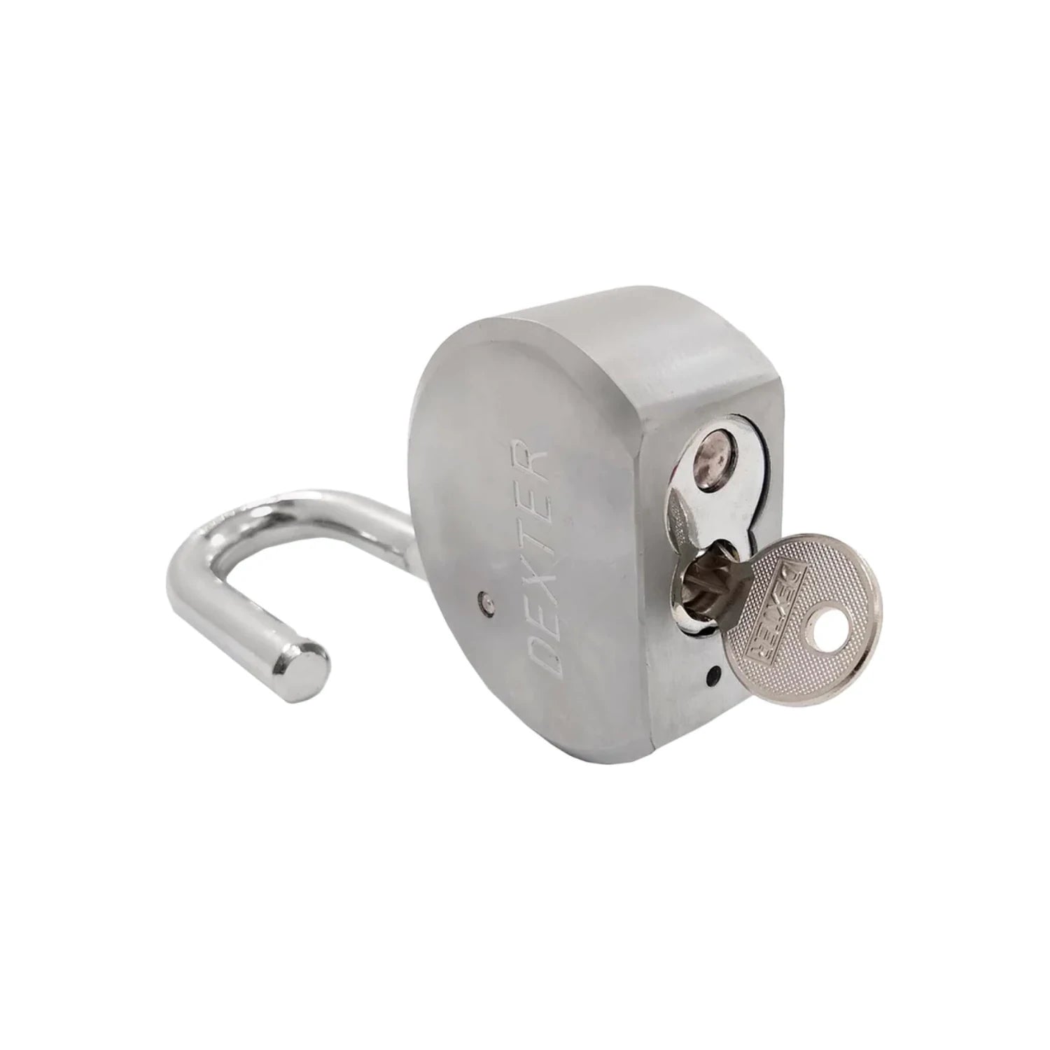 Candado Dexter de seguridad plateado con gancho corto, abierto y llave insertada. Ideal para puertas y rejas.