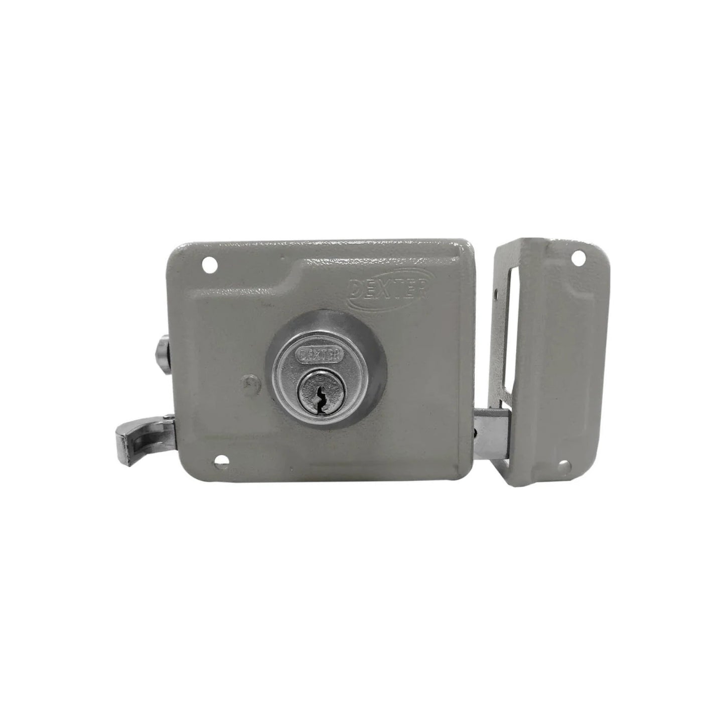 Cerradura de sobreponer Dexter gris para puerta, con cilindro de seguridad exterior y mecanismo de pestillo.